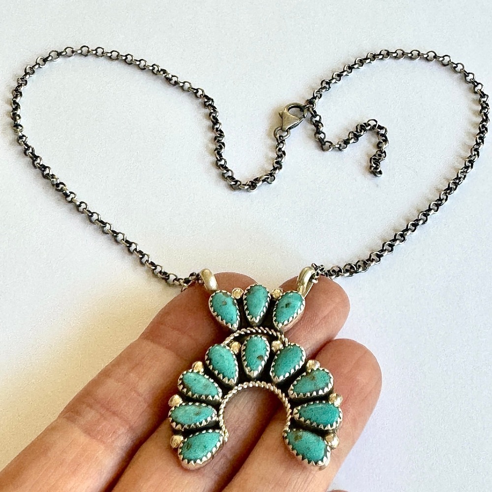 Navajo Naja Necklace Turquoise 18" Signed Ray Nez Adjustable Squash on Chain